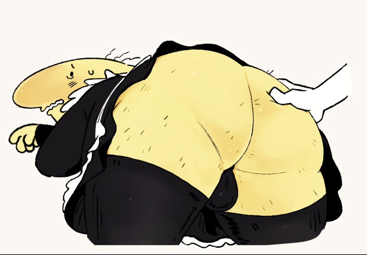 1boy, 2d, ambiguous species, anon, ass, ass focus, ass grab, balls bulge, behind view, big ass, body hair, bulge, bulge from behind, charlie (smiling friends), clothed, crossdressing male, disembodied hand, fat ass, flustered, hairy, hairy ass, hairy male, hand on ass, maid, maid uniform, male, male only, nervous, no humans, non-human, non-human only, overweight, overweight male, scared, skirt lift, smiling friends, solo focus, sweat, tummiesandsuch, yellow body
