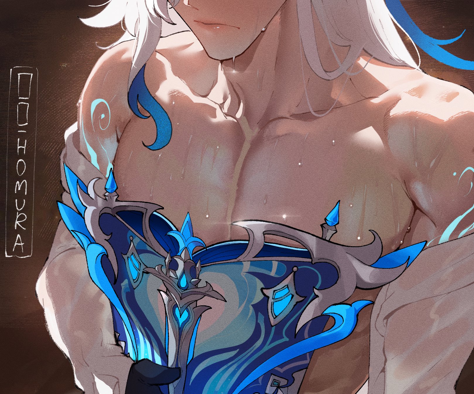 1boy, 1boys, book, close-up, eyes out of frame, frown, genshin impact, head out of frame, highres, holding, holding book, long sleeves, male, male focus, male only, meme, neuvillette (genshin impact), object on head, open book, ouch meme, pectoral cleavage, pectorals, shirt, solo male, sweat, thiccwithaq, toned, toned male, white hair, white shirt