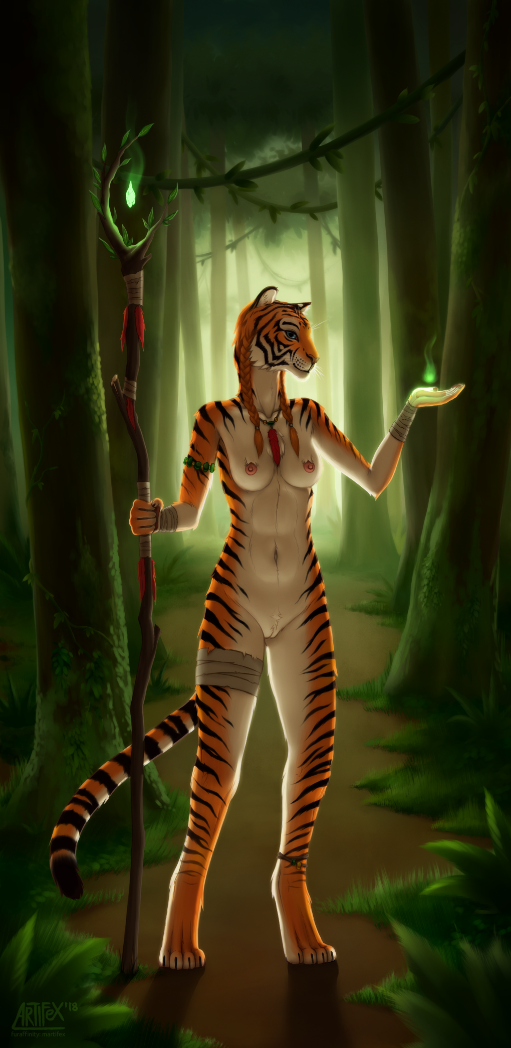 2018 anklet anthro blue_eyes braided_hair breasts casual_nudity chest_tuft felid feline female forest fur grass hair hi_res holding_object jewelry looking_at_viewer m_artifex magic magic_user mammal navel necklace nipples nude orange_fur outside pantherine pubes pussy smile solo staff standing striped_fur stripes tiger tree tuft white_fur