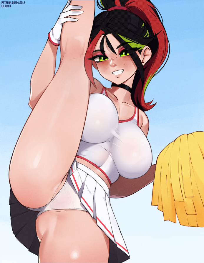 1girls big_breasts big_thighs black_hair cheerleader cheerleader_outfit collar dyed_hair fortnite fortnite:_battle_royale gloves green_eyes helsie_(fortnite) legs_up lilatole looking_at_viewer panties pom_poms ponytail red_hair smile upskirt