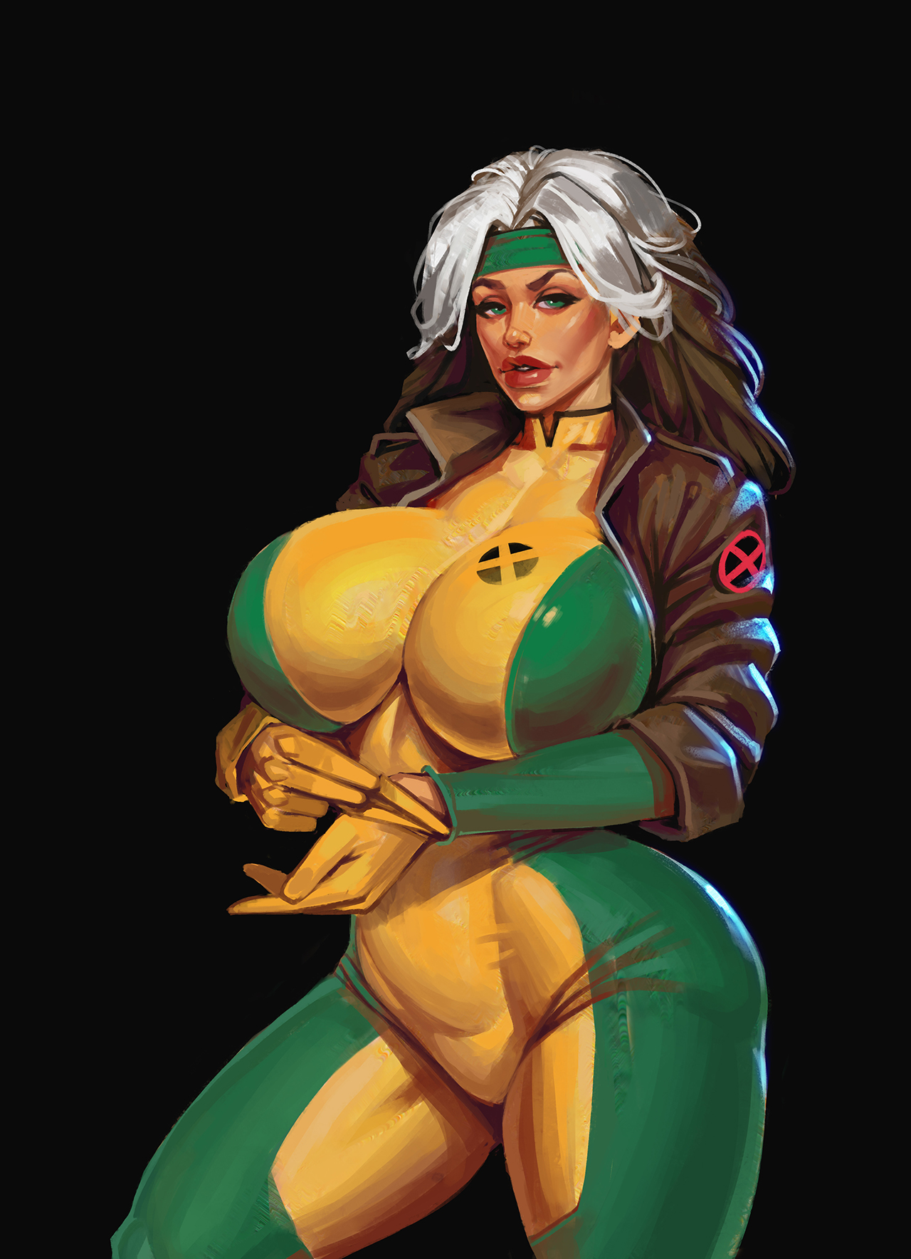 1girls, alternate version available, anna marie, big breasts, big lips, bimbo, bimbo lips, bodysuit, boobsgames, breasts, brown hair, female, female only, green eyes, hair, hips, huge breasts, jacket, large breasts, lips, long hair, marvel, marvel comics, rogue (x-men), solo, solo female, thick lips, thighs, tight clothing, two-tone hair, white hair, wide hips, x-men