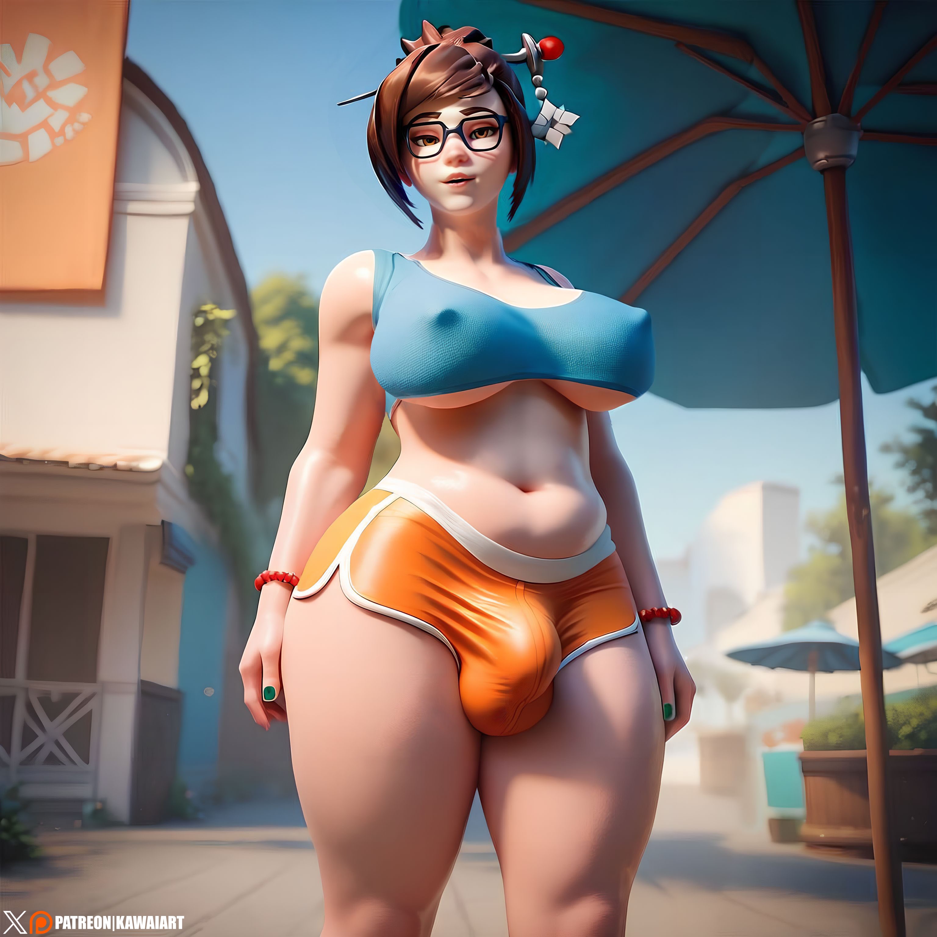 1futa, ai generated, ass, balls, belly, big ass, bracelet, breasts, bulge, crop top, futa only, futanari, glasses, hair bun, hairpin, huge breasts, huge bulge, intersex, looking at viewer, mei (overwatch), navel, nipple bulge, overwatch, overwatch 2, painted nails, parted lips, seductive, shiny skin, short shorts, shorts, solo, solo futa, swept bangs, tagme, testicles, thick thighs, underboob