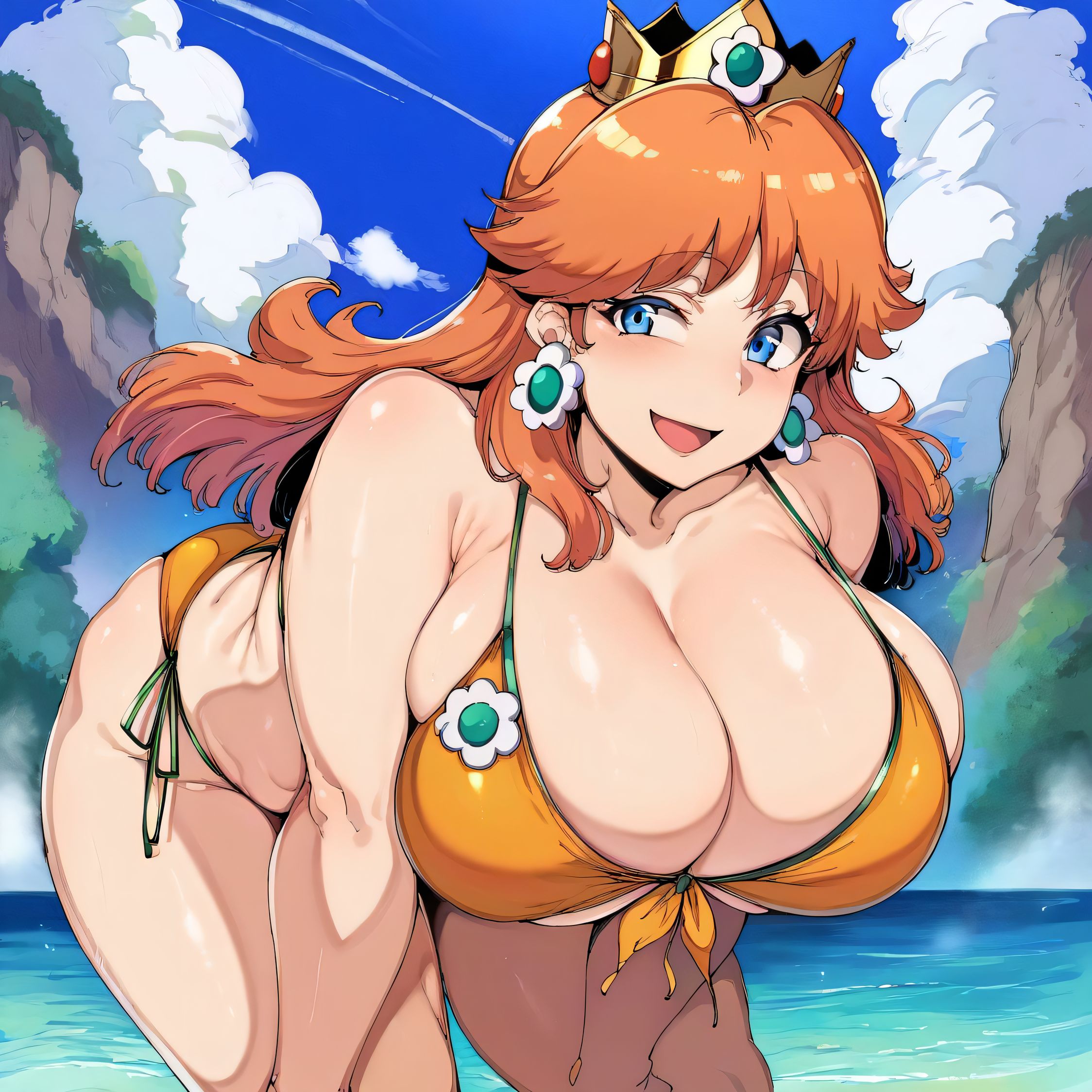 1girls, ai generated, alternate breast size, big breasts, bikini, breasts, brown hair, busty, castle12, curvaceous, curvy, curvy body, curvy female, curvy figure, female, huge breasts, large breasts, mario (series), nintendo, nipples, princess daisy, sweat, sweating, sweaty, sweaty body, sweaty breasts, thick thighs, thighs, venus body