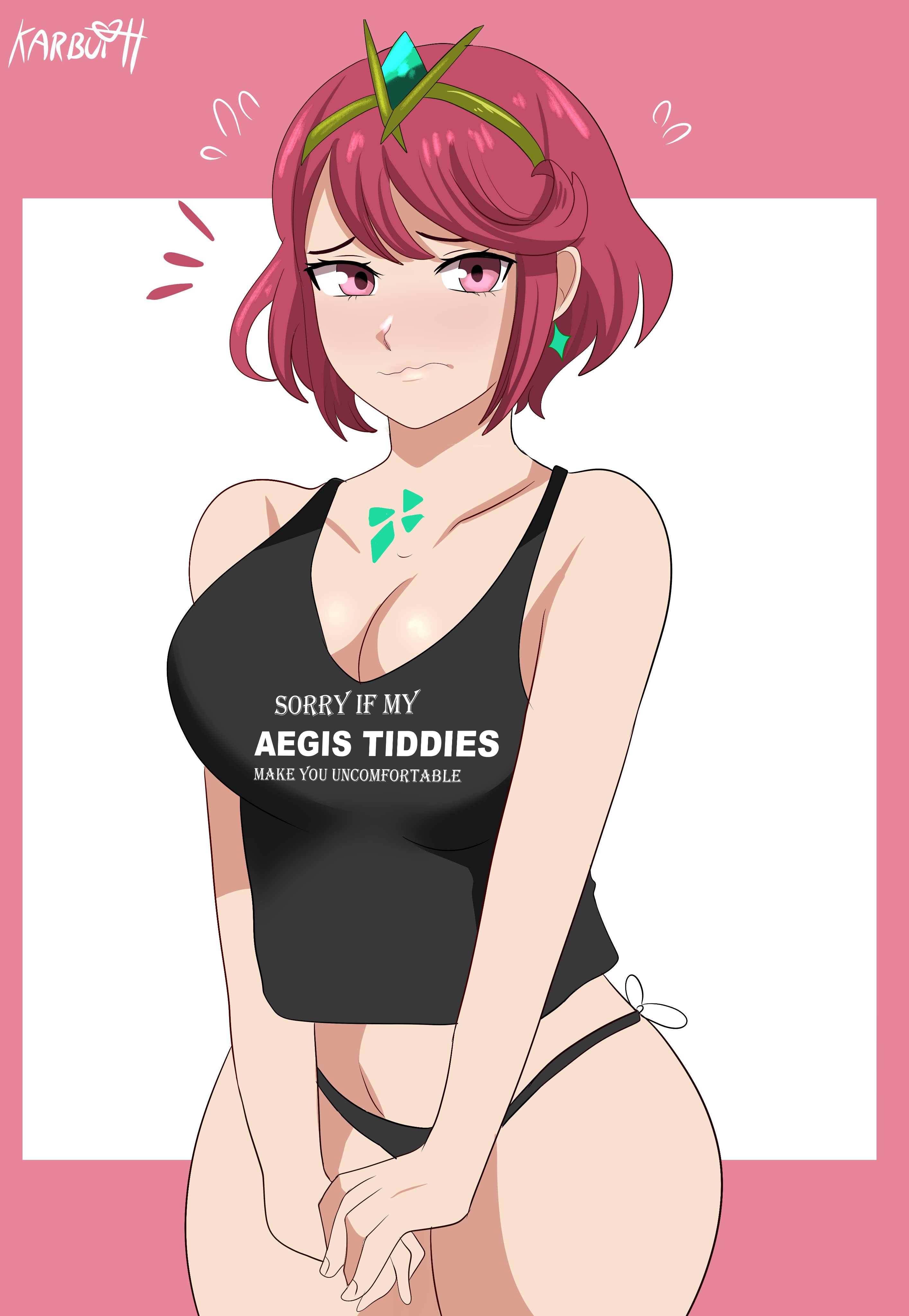 1girls, blush, breasts, core crystal, english text, female, huge breasts, karbuitt, light skin, light-skinned female, nintendo, panties, pyra, red eyes, red hair, short hair, tank top, text on clothing, xenoblade (series), xenoblade chronicles 2