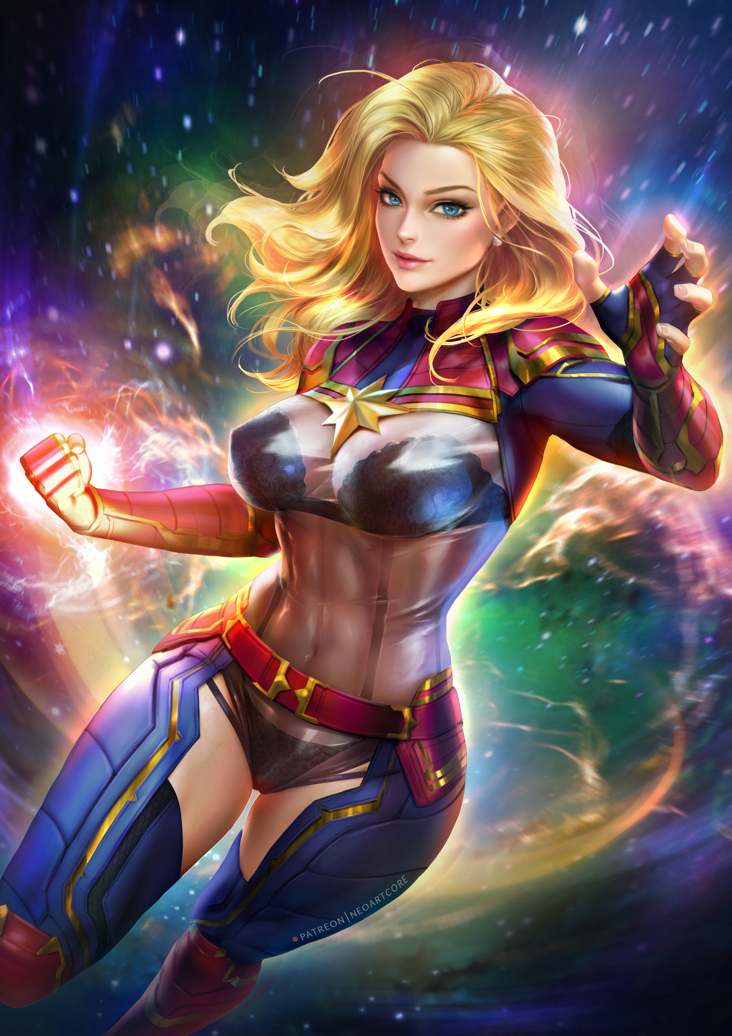 1girls, abs, absurd res, aura, bare thighs, belt, blue eyes, bodysuit, bra, breasts, captain marvel, carol danvers, eye contact, female, female only, fingerless gloves, glowing, hi res, large breasts, lingerie, long hair, looking at viewer, marvel, marvel comics, muscular, muscular female, navel, neoartcore, panties, pants, patreon, pose, see-through, skin tight, solo, space, superheroine, text, thick thighs, thigh gap, veins, veiny breasts, watermark, wide hips