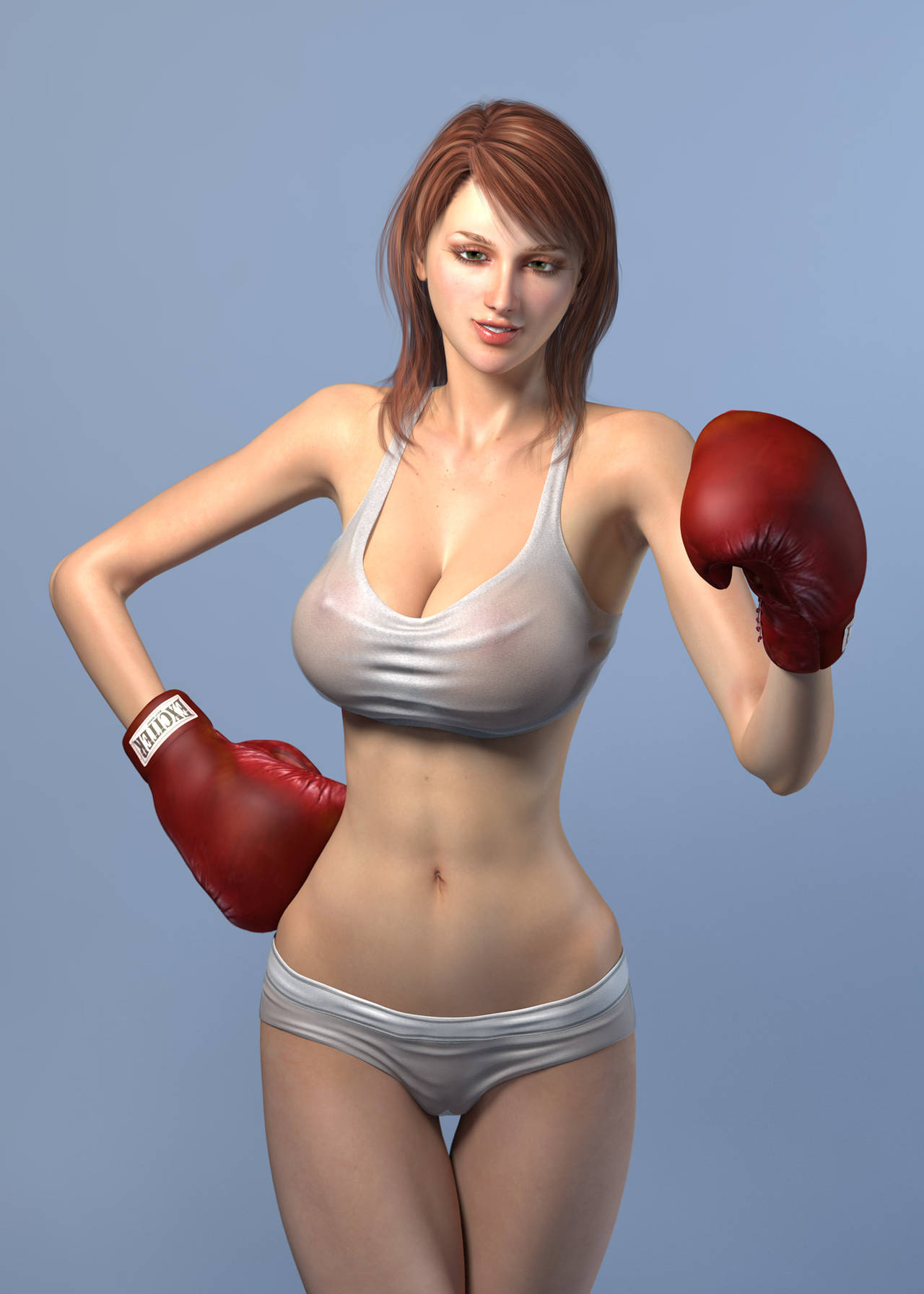 1girls 3d big_breasts boxing boxing_gloves brown_hair clothing female female_only ganseki_club gloves green_eyes human human_only light-skinned_female light_skin lips medium_breasts nipples nipples_visible_through_clothing pussy pussy_visible_through_clothes realistic red_boxing_gloves red_gloves shoulder_length_hair transparent_clothing wide_hips