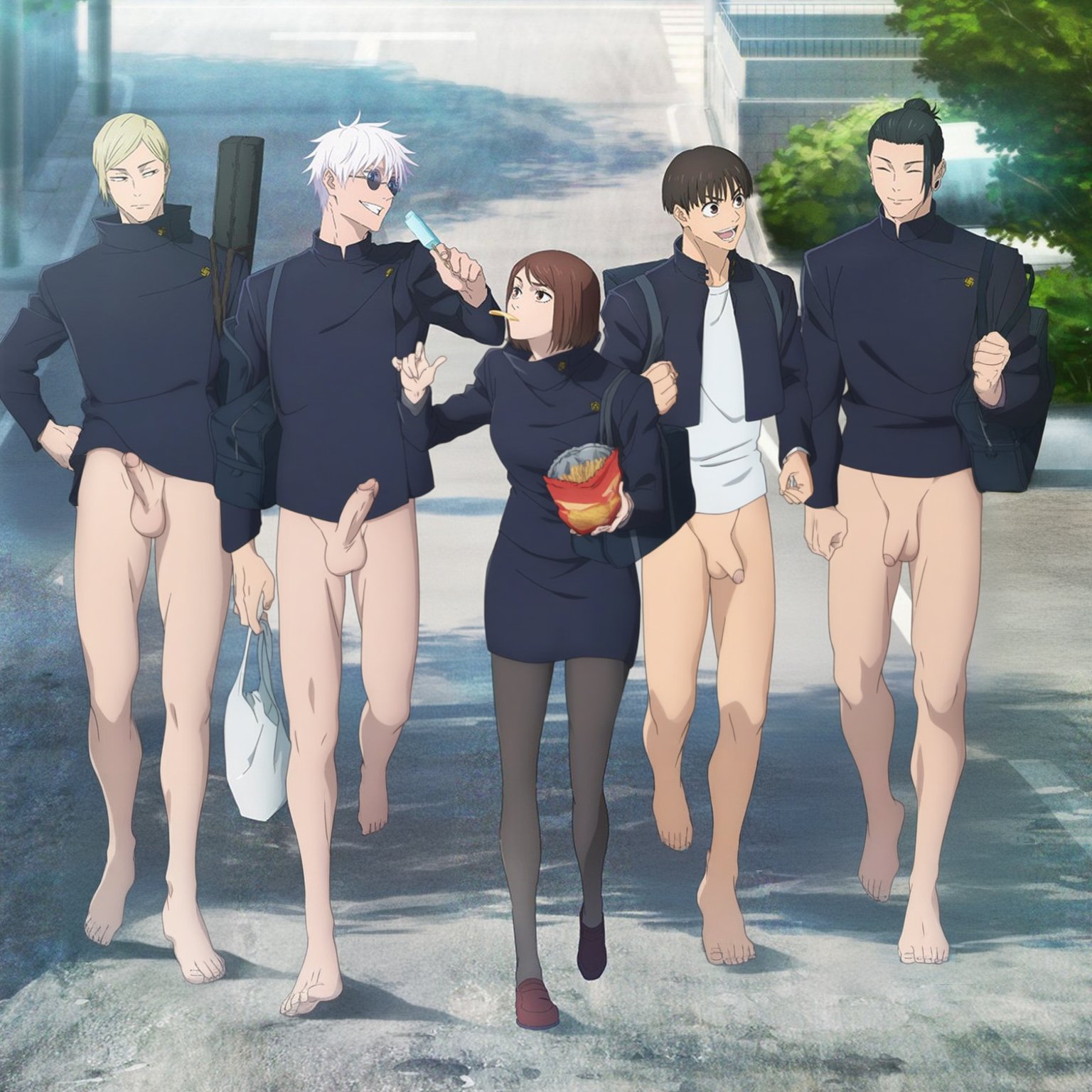 ai generated, balls, ballsack, bara, big penis, bowl cut, edited, edited official artwork, gilxxgamesh, hands up, hands-free, jujutsu kaisen, kento nanami, long penis, male, male focus, male only, muscles, muscular, muscular male, nude, nude male, nudity, penis, satoru gojo, shoko ieiri, solo focus, suguru geto, tagme, vein, veiny penis, yaoi, yu haibara
