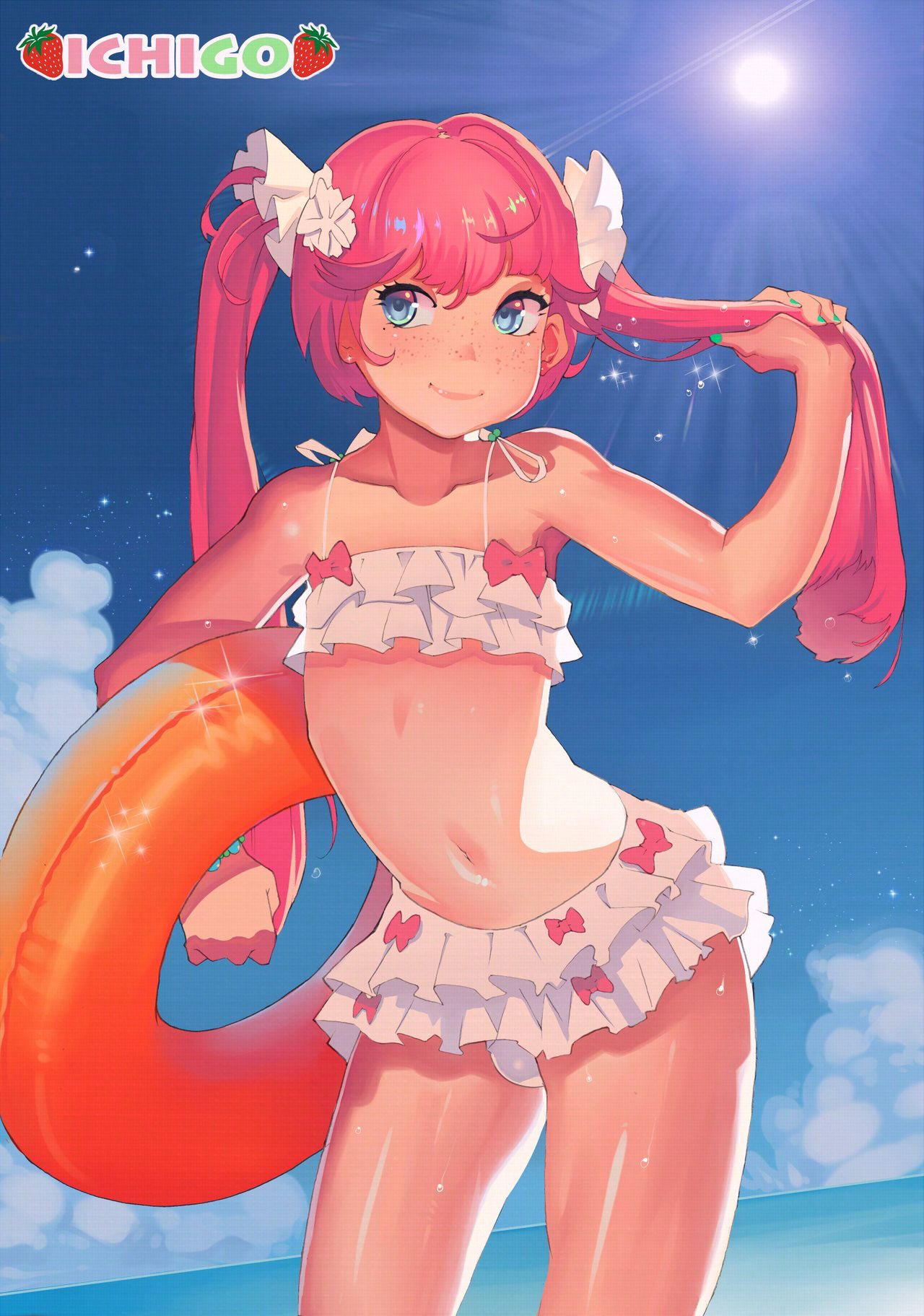 1boy, bare shoulders, bathing suit, beach, bikini, bubbles, bulge, collarbone, crack the moon, crossdressing, cute, femboy, flat chest, flat chested, freckles, girly, glowing, human, light skin, long hair, looking at viewer, male, male only, navel, outdoors, outside, pantyshot, penis, penis in panties, pigtails, pink hair, pose, posing, quickdraw, small penis, small waist, solo, straps, sweat, sweatdrop, swimsuit, teenager, thin waist, trap, twintails, water, white skin, wide eyed, wide hips, young