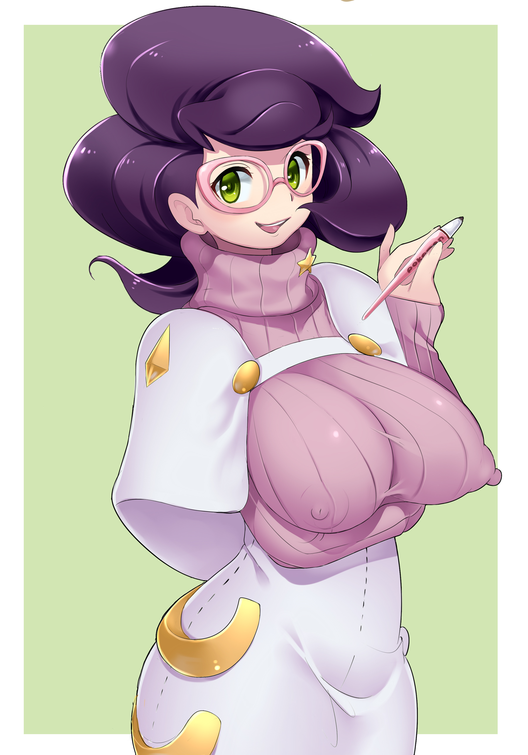 1girls, aether foundation, alternate breast size, arm under breasts, big hair, breasts, busty, clothed, erect nipples, erect nipples under clothes, female, female only, fully clothed, glasses, green eyes, holding object, human, makoto daikichi, nintendo, nipples, nipples visible through clothing, no bra, pokemon, pokemon sm, purple hair, thick thighs, wicke (pokemon), wide hips