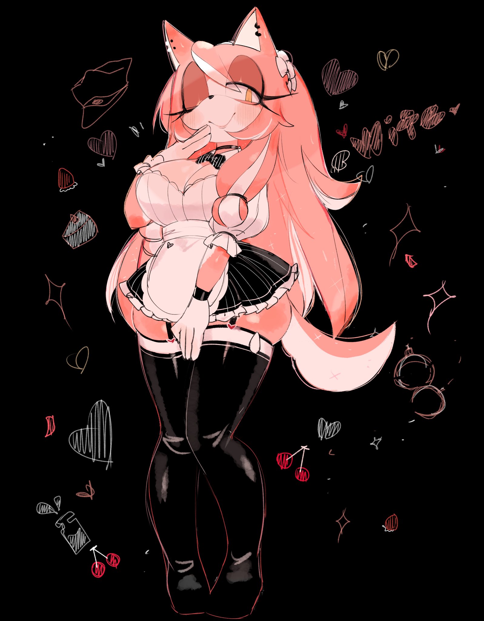 1girls, ass, big ass, big breasts, black background, breasts, conductor's wife (sonic), eye closed, female, garter straps, goth, goth girl, goth milf, hedgehog, long hair, maid uniform, pink ears, pink hair, pink skin, pointy ears, seductive pose, sega, sonic (series), sonic the hedgehog (series), the murder of sonic the hedgehog, thighhighs, usa37107692, wink, winking at viewer, yellow eyes