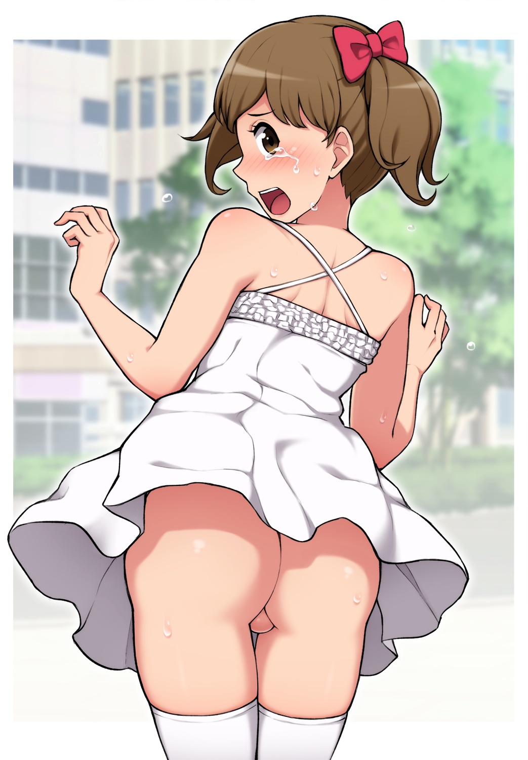 1boy, ass, balls, blush, bottomless, brown hair, crossdressing, dress, femboy, girly, looking at viewer, looking back, male, male only, no panties, rear view, skirt lift, solo, standing, stockings, summer dress, tears, testicles, thighhighs, trap, twintails, wataya 2, white dress, wind lift