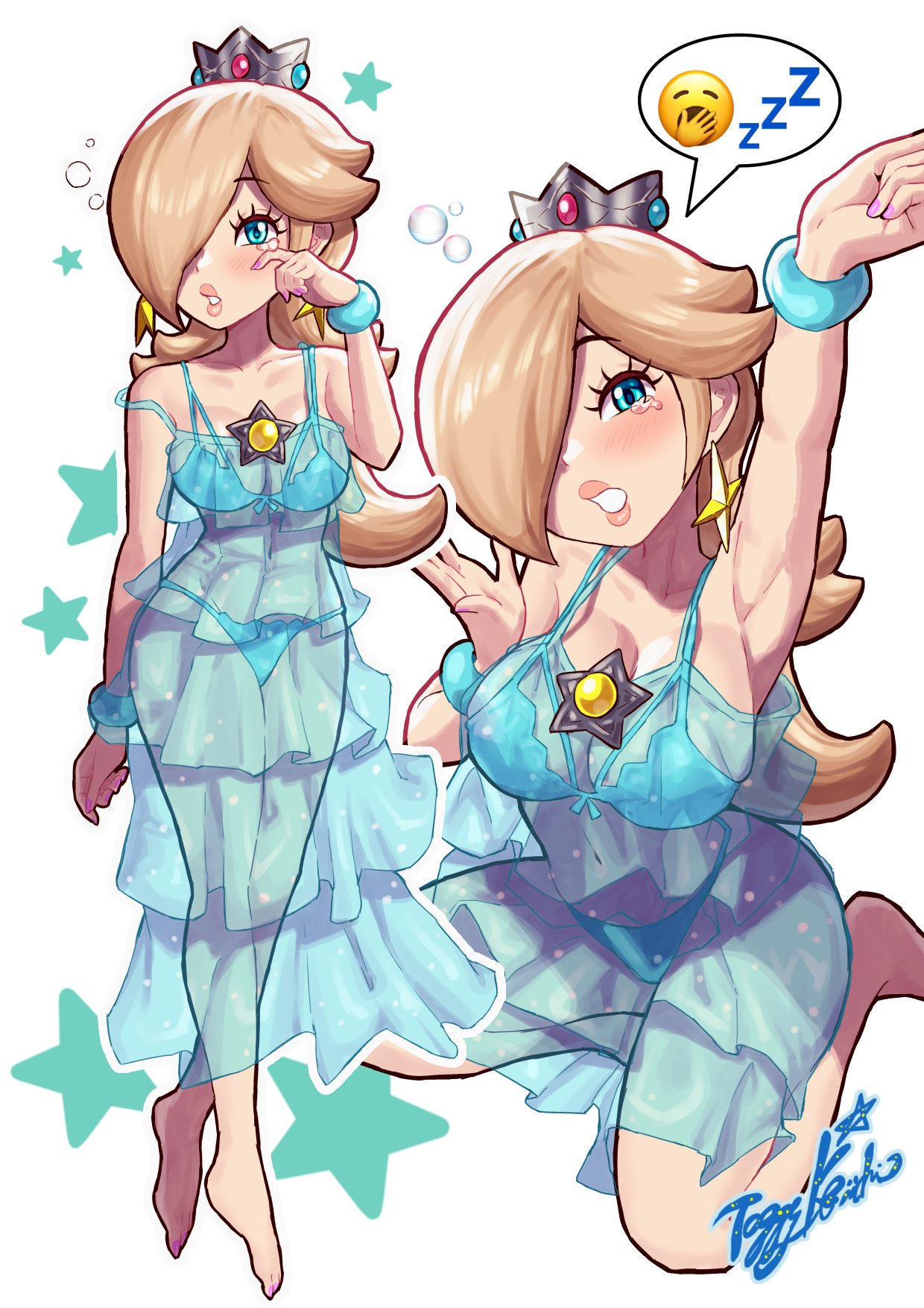 1girls artist_name barefoot blonde_hair blue_eyes bra bracelet busty cleavage crown curvy earrings hair_over_one_eye light-skinned_female light_skin lingerie mario_(series) nail_polish nintendo painted_fingernails painted_nails panties pink_nails princess_rosalina see-through_clothing sleepy speech_bubble stars tears waking_up yamino_ekakinin