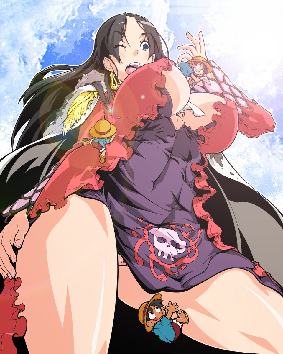 1boy 3boys artist_request black_hair blue_eyes blush boa_hancock boob_window breasts cleavage clouds female from_below highres large_breasts long_hair male monkey_d_luffy multiple_boys one_eye_closed one_piece open_mouth pussy sky tiny_person