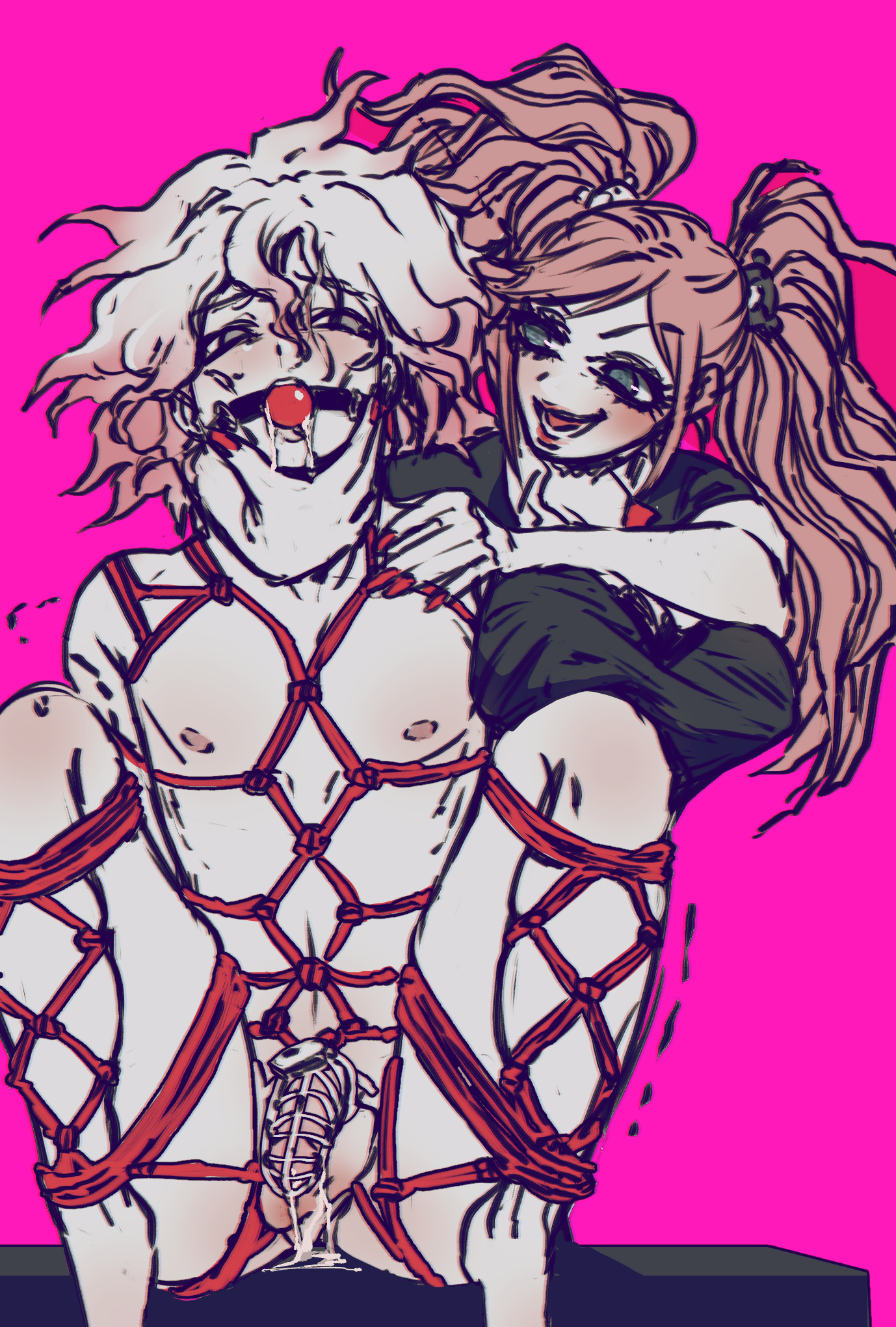 1boy, 1girls, ball gag, blonde hair, blue eyes, bondage, bound, bound arms, bound legs, chastity, chastity cage, chastity device, clothed female nude male, cock cage, couple, cum, cum leaking, danganronpa, danganronpa 2: goodbye despair, danganronpa: trigger happy havoc, dominant, dominant female, domination, drool, drooling, female, female domination, femdom, gag, gagged, gyaru, junko enoshima, junkoexe, male, malesub, nagito komaeda, nails, naked, nipples, nude, open mouth, penis, red rope, restrained, rope, rope bondage, rope harness, ropes, sitting, smile, straight, submissive, submissive male, tied, tied arms, tied legs, tied up, twintails, white hair
