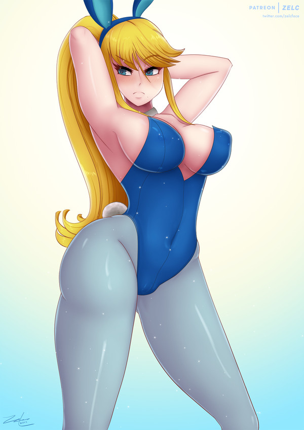 arms behind head, big breasts, breasts, bunny ears, bunny tail, bunnysuit, cleavage, clothed, eyebrows visible through hair, female, headband, large breasts, leggings, looking to the side, metroid, nintendo, nipple bulge, ponytail, samus aran, sidelocks, zelc-face