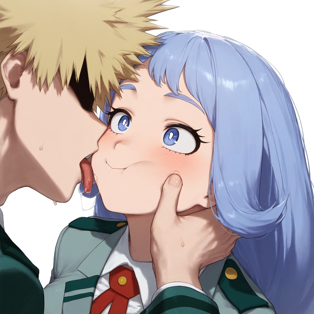 1boy, 1girls, ai generated, blonde hair, blonde-haired male, blue eyes, blue hair, blue-haired female, blush, en ryu, female, katsuki bakugou, licking cheek, long hair, male, my hero academia, nejire hado, nervous, puffed cheeks, saliva, saliva string, saliva trail, spiky hair, tongue, tongue out, very long hair