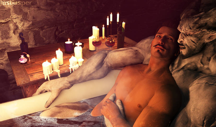 2boys 3d 3d_artwork 3d_model anthro artist_name artist_signature bara bath bathing bathing_together bathtub beard biceps bottle candle candlelight candles canon_couple couple cuddling dark-skinned_male dark_hair dark_skin dorian_pavus dragon_age dragon_age_inquisition duo facial_hair gay gay_male glasses grey_body grey_skin horn horns human iron_bull just-jasper looking_at_another looking_at_partner looking_pleasured lying lying_on_person mage male male/male male_only moustache moustache muscles muscular muscular_male nipples one_eyed open_mouth pansexual_male pecs perfume qunari scar scars table video_games wax yaoi