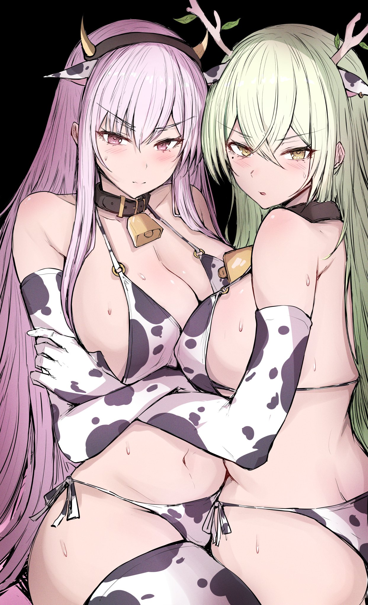 breasts, ceres fauna, cleavage, cowkini, embarrassed, female, green hair, hololive, hololive english, hololive english -council-, hololive english -promise-, hololive myth, long hair, mori calliope, pink hair, sakiya, virtual youtuber