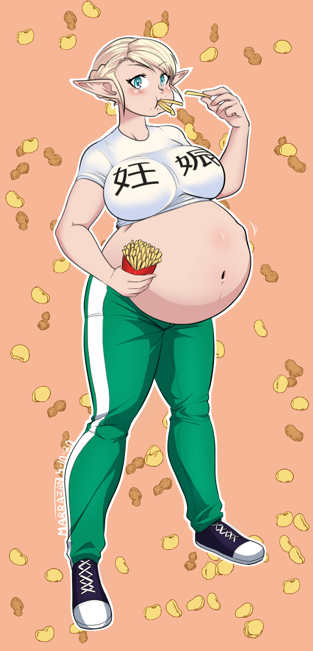 1girls big_belly big_breasts bloated_belly blonde_hair blue_eyes blush breasts chubby color crumbs curvy eating elf elf-san_wa_yaserarenai elf_ears elfuda female female_only fetal_movement french_fries humanoid marrazan navel pale-skinned_female pale_skin plump pointy_ears potbelly pregnant stuffing t-shirt tennis_shoes thick_thighs track_pants wide_hips