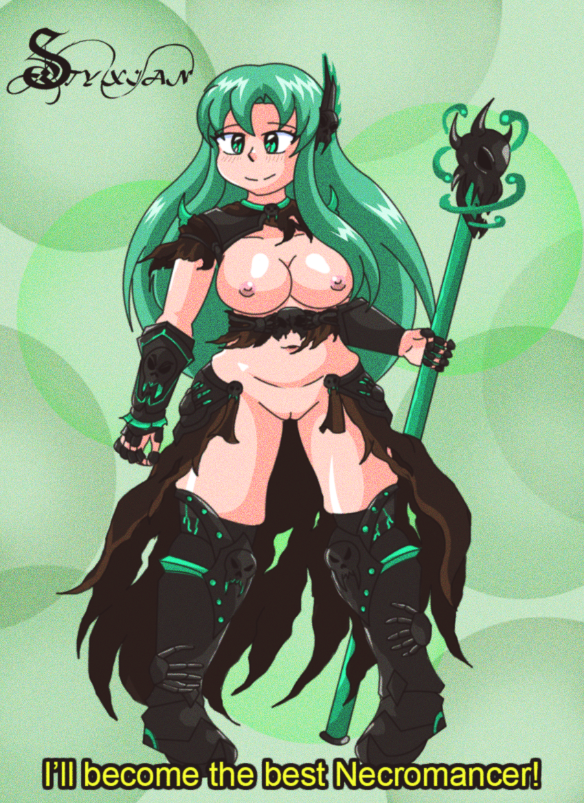 1990s_(style) 1girls 2024 2d 2d_(artwork) armor armored_boots armored_female belly boots breasts breasts_out chubby chubby_belly chubby_female eyebrows eyelashes female female_only full_body green_eyes green_hair half-dressed half_naked half_nude hips holding holding_object huge_breasts human long_hair magic necromancer nipples no_bra no_panties no_underwear original original_character pixiv pussy retro retro_artstyle shaved_crotch shaved_pussy smile solo staff standing styxian subtitled subtitles thick_thighs