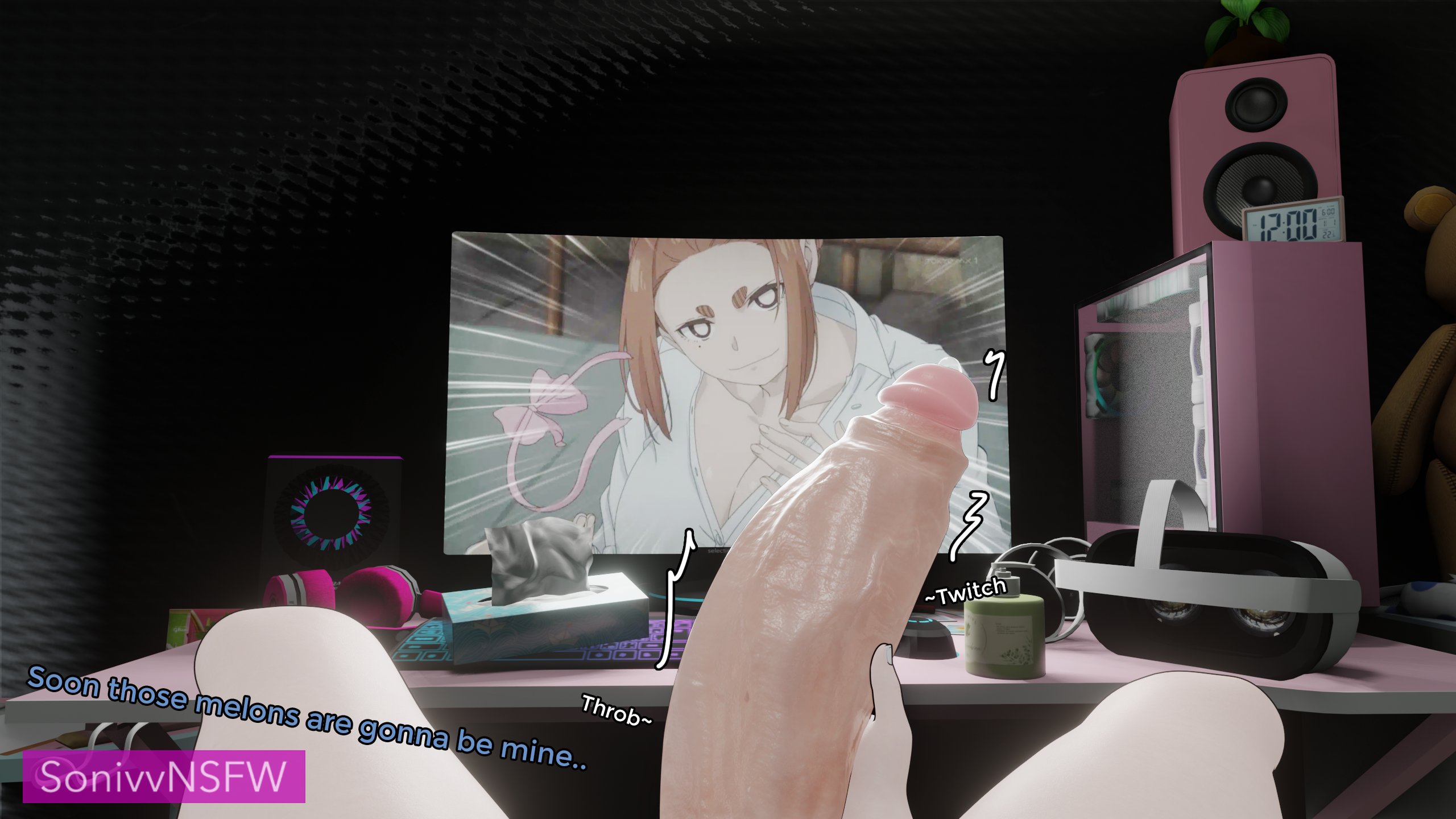 1futa, 3d, big breasts, breasts, computer, computer monitor, desk, dialogue, english text, futanari, huge cock, intersex, izumi konata, kaii to otome to kamikakushi, leaking precum, lucky star, masturbation, ogawa sumireko, penis, pov, precum, small but hung, solo, sonivvnsfw, speaker, stroking penis, text, watermark