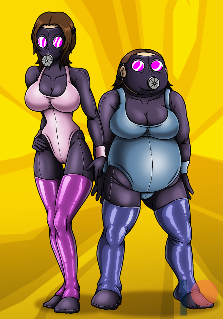 bodysuit breasts brown_hair fat gas_mask gasmask kashiwagi_noriko legwear leotard looking_at_viewer obese obese_female ohtani_hanako overweight persona persona_4 re-maker slightly_chubby spandex workout_clothes