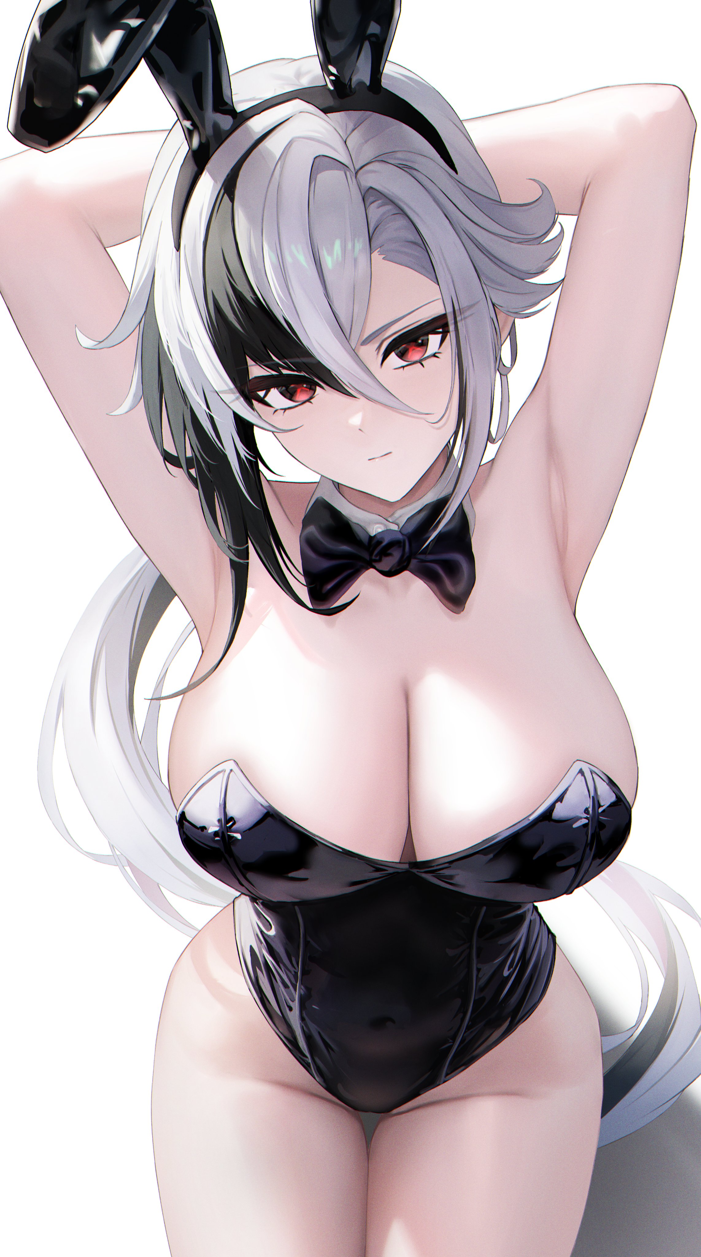 1girls, alternate costume, arlecchino (genshin impact), arms behind head, big breasts, black bunny ears, black bunnysuit, black hair, breasts, bunny ears, bunnysuit, female, female focus, female only, front view, genshin impact, high resolution, highres, huge breasts, large breasts, light skin, light-skinned female, long hair, looking at viewer, mature, mature female, myumyu431, red eyes, ribbon, simple background, solo, solo female, solo focus, thighs, two-tone hair, very high resolution, voluptuous, voluptuous female, white background, white hair, wide hips