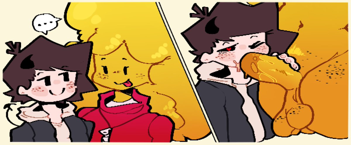 1boy, 1femboy, 1futa, 2koma, blowjob, bottomless, clothed, clothed male, clothing, dani (danielito), danielito, demon, demon boy, demon horns, duo, erection, fellatio, femboy, freckles, freckles on face, freckles on thighs, fully clothed, futa on femboy, futa on male, futanari, heart-shaped pupils, hoodie, horns, human, humanoid, humanoid penis, intersex, light skin, light-skinned male, lprs, male, male sucking futa, mob face, nude, oral, oral sex, penis, penis in mouth, saliva on penis, sex, silly (silly nsfw), simple eyes, simple face, yellow body, yellow hair