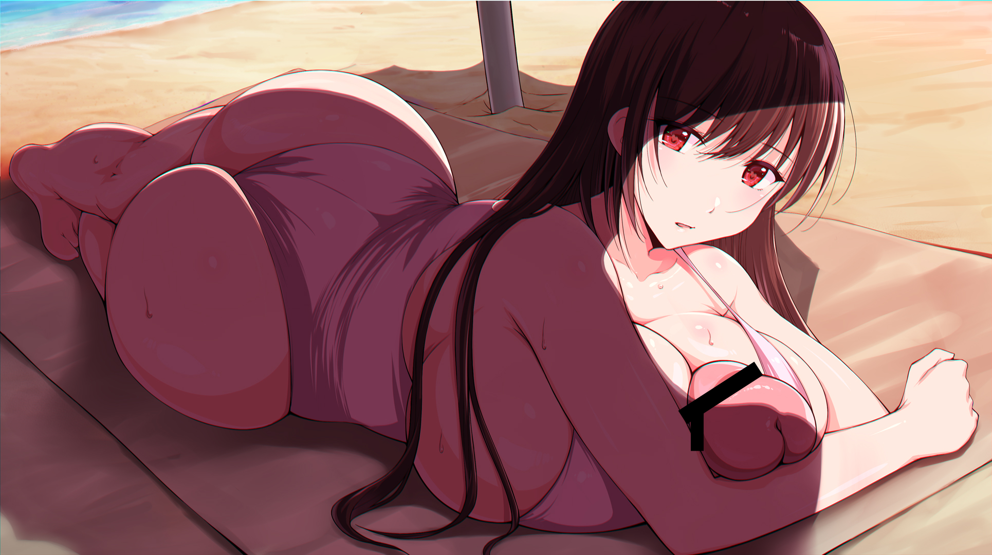 1futa, ass, autopaizuri, beach, breasts, brown hair, censored, cleavage, curvy, eyebrows visible through hair, futa only, futanari, heart, heart-shaped pupils, highres, hiiaru, huge ass, huge breasts, huge cock, hyper, hyper penis, intersex, legs crossed, long hair, looking at viewer, lying, on stomach, original, paizuri, penis, red eyes, shiny, shiny skin, solo, sweat, swimsuit, symbol-shaped pupils, towel, wide hips