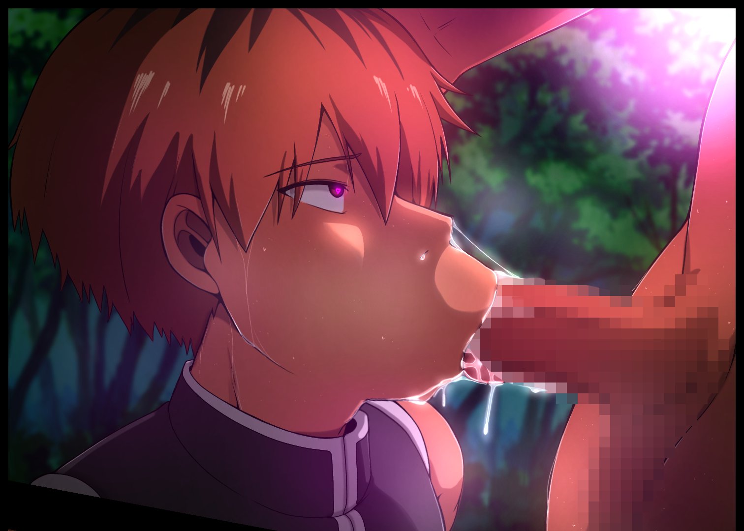 2boys, blowjob, censored, face closeup, fellatio, gay, heart-shaped pupils, holding head, male, male focus, male only, male/male, oral, oral penetration, oral sex, red hair, s-sorry, sousou no frieren, stark (sousou no frieren), yaoi