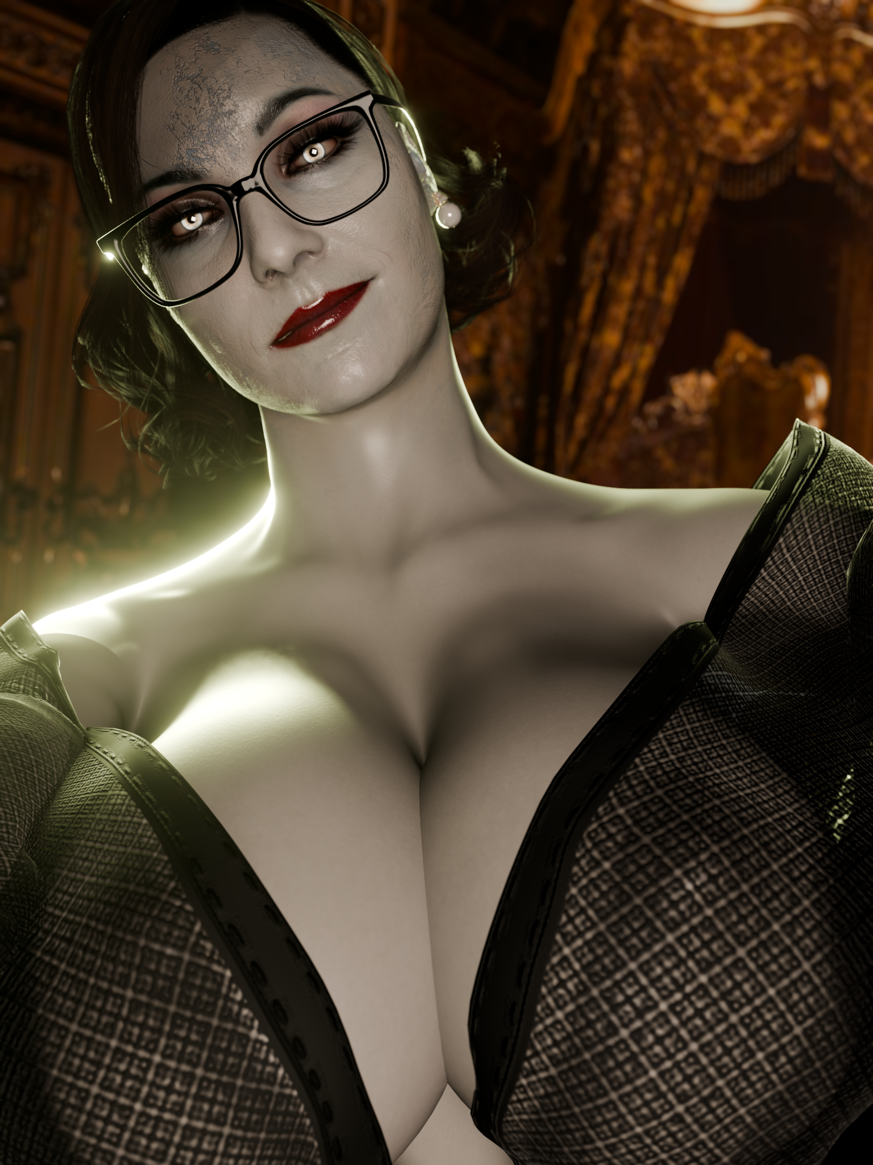 3d, alcina dimitrescu, black hair, breasts, bright pupils, female, giant breasts, glasses, grey skin, lipstick, long eyelashes, looking at viewer, manufatura, red lipstick, resident evil, resident evil 8: village, self upload, selfie, short hair, solo, tagme
