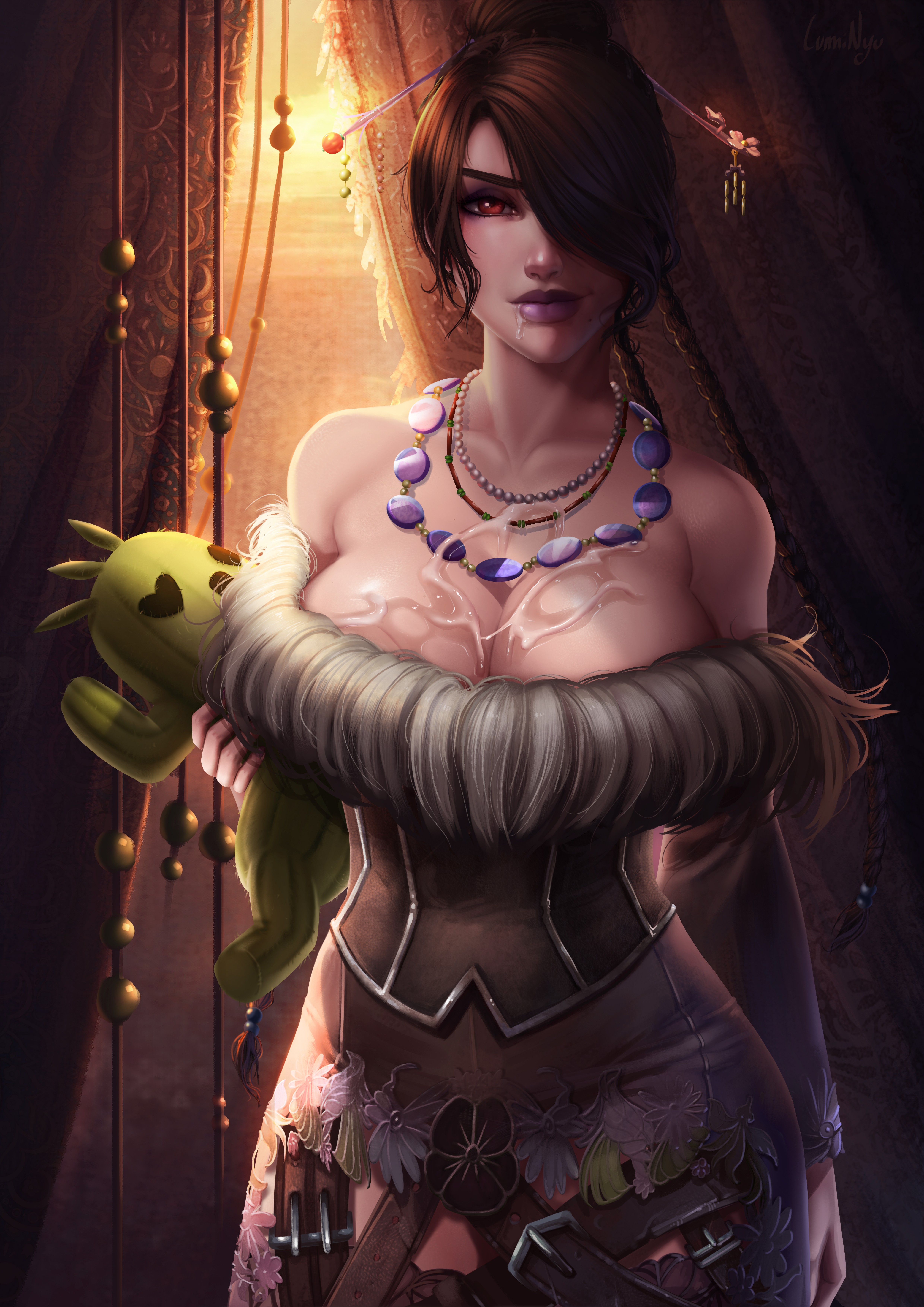 1girls, bare shoulders, big breasts, breasts, brown hair, cactuar, cleavage, clothed, clothes, clothing, collar, cum, cum on breasts, curvy, dress, female, female only, final fantasy, final fantasy x, fur, hair, hair ornament, hair over one eye, large breasts, looking at viewer, lulu (final fantasy), luminyu, milf, necklace, purple lipstick, red eyes, solo, solo focus, square enix, video games, voluptuous