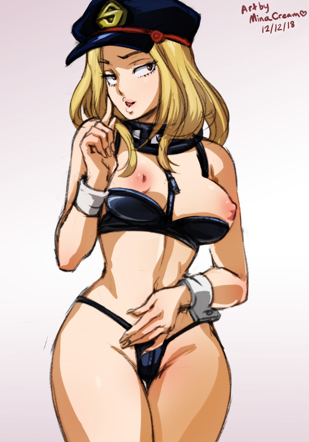 1girls, areolae, blonde hair, blonde-haired female, bra, breasts, camie utsushimi, clothing, curvy, female, female only, hair, hat, hero outfit (mha), latex, latex bra, latex panties, light skin, light-skinned female, long hair, minacream, my hero academia, nipples, panties, shiketsu high school cap, solo, wrist cuffs