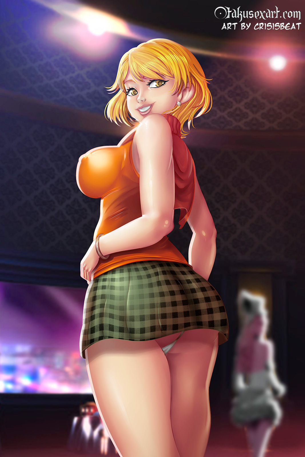 1girls, ashley graham, ashley graham (brooke elizabeth mathieson), blonde hair, capcom, clothing, crisisbeat, curvy, earrings, female, female only, from behind, hair, impossible clothes, miniskirt, nipple bulge, panties, resident evil, resident evil 4, skirt, sleeveless, smile, solo, sweater, upskirt, video games, yellow eyes
