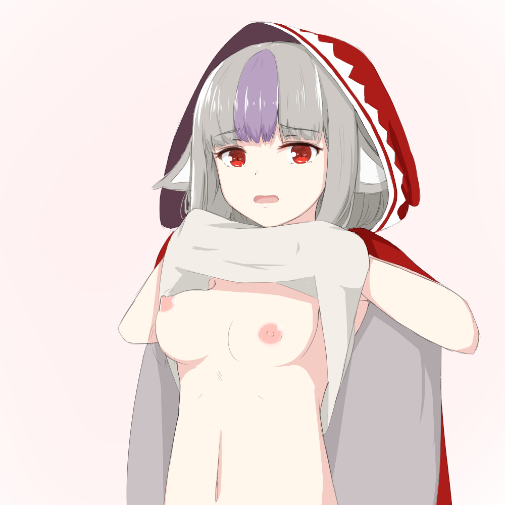 blush chiru clothing clothing_lift female fire_emblem fire_emblem_fates grey_hair hood long_hair medium_breasts multicolored_hair open_mouth purple_hair red_eyes red_hood shy solo velouria_(fire_emblem) wolf_ears wolf_girl wolfgirl