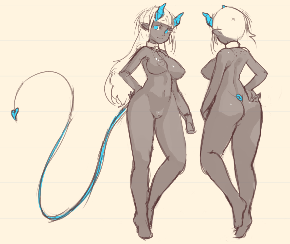 ass, back view, breasts, demon, demon girl, female, female only, front view, horns, model sheet, monochrome, nipples, norasuko, original, original character, pussy, sketch, slush (norasuko), solo, standing, succubus