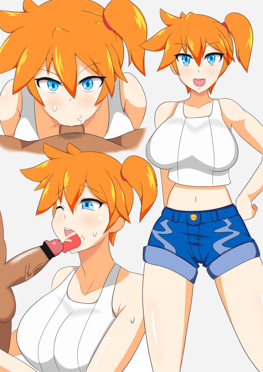 big breasts, blue eyes, breasts, censored, cum, cum in mouth, dark skin, dark-skinned male, dd (artist), female, huge breasts, human, human only, kasumi (pokemon), large breasts, male, nintendo, oral, oral sex, orange hair, penis, pokemon, pokemon lgpe, red hair, redhead, short hair, shorts, sucking