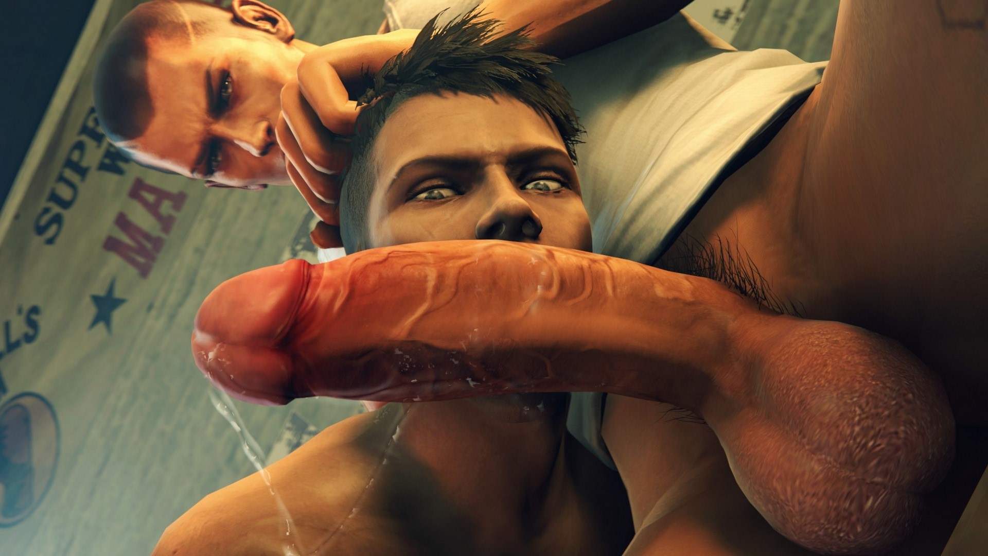 2boys, 3d, bottomless, crossover, cum, dante (dmc: devil may cry), dead or alive, dead or alive 5, devil may cry (series), dmc: devil may cry, erection, fellatio, gay, hand on head, highres, killystein, male, male only, multiple boys, multiple males, oral, penis, rig (doa), sitting, source filmmaker, tattoo, yaoi
