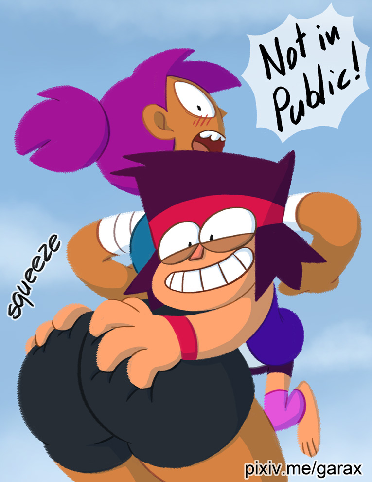 1boy, 1girls, age difference, ass, ass grab, bike shorts, dark skin, embarrassed, enid, female, garabatoz, k.o. (ok k.o.! let's be heroes), male, ok k.o.! let's be heroes, public, purple hair, smile, teenager, text, young
