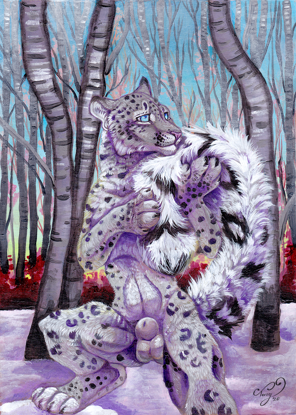 2020 4_toes acrylic_painting_(artwork) animal_genitalia anthro balls barefoot biped black_body black_fur black_spots black_tail blue_eyes blue_sky day detailed_background felid fluffy fluffy_tail forest front_view fully_sheathed fur furry_only genitals grey_body grey_fur grey_tail hi_res long_tail male male_only mammal multicolored_tail nude outside painting_(artwork) pantherine pink_nose sheath signature sky snow snow_leopard solo spots spotted_body spotted_fur spotted_tail standing step_pose tail_hug tassy toes traditional_media_(artwork) tree white_balls white_body white_fur white_sheath white_tail