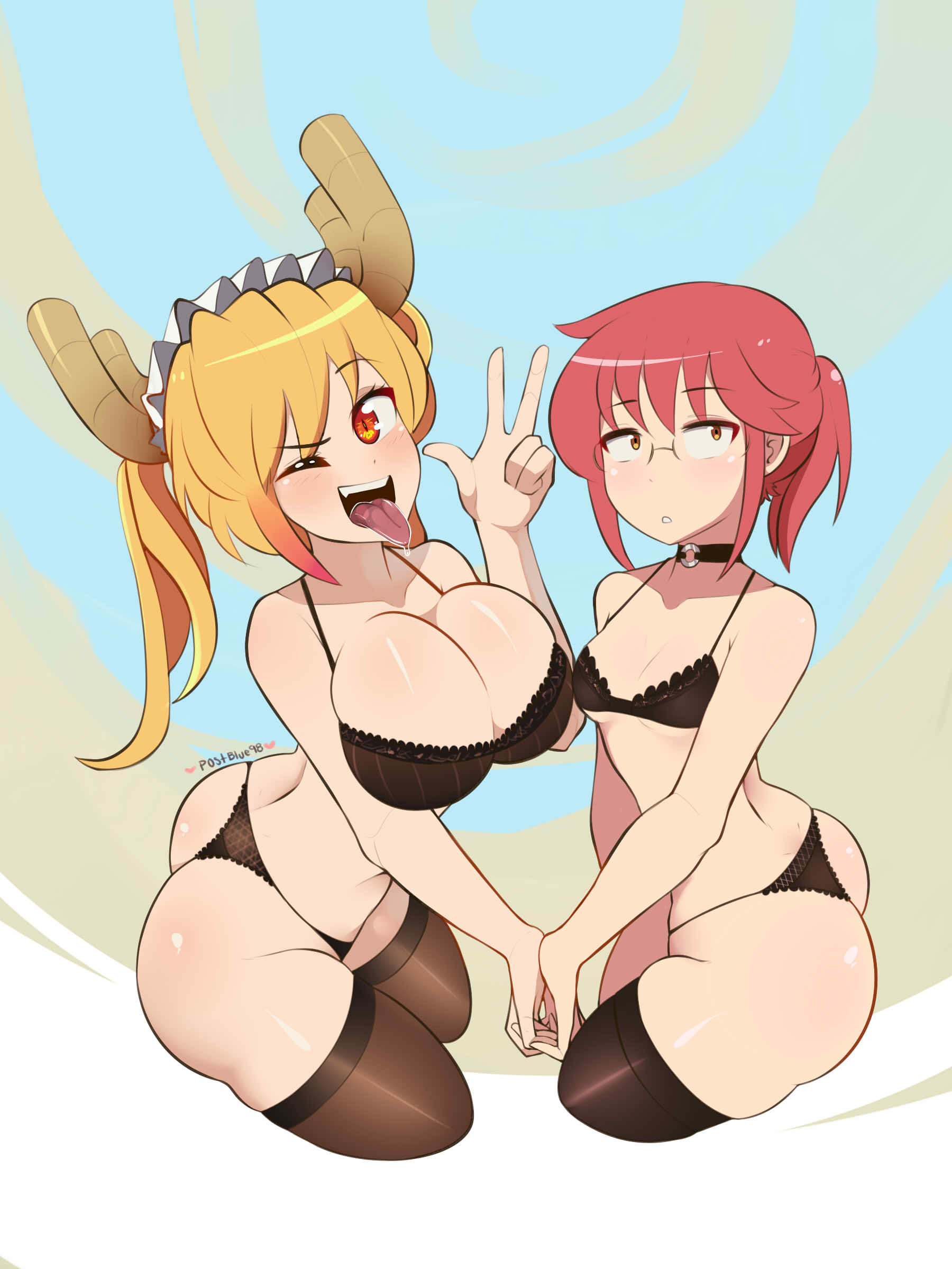 2girls, artist name, ass, black bra, black panties, black thighhighs, blonde hair, bra, breast size difference, breasts, choker, curvy, dragon, dragon girl, dragon horns, female, female only, fingers interlocked, huge ass, huge breasts, kobayashi, lingerie, long hair, miss kobayashi's dragon maid, multiple females, multiple girls, orange eyes, panties, pantsu, postblue98, red hair, skindentation, small breasts, thick thighs, thighhighs, thong, tohru (dragon maid)