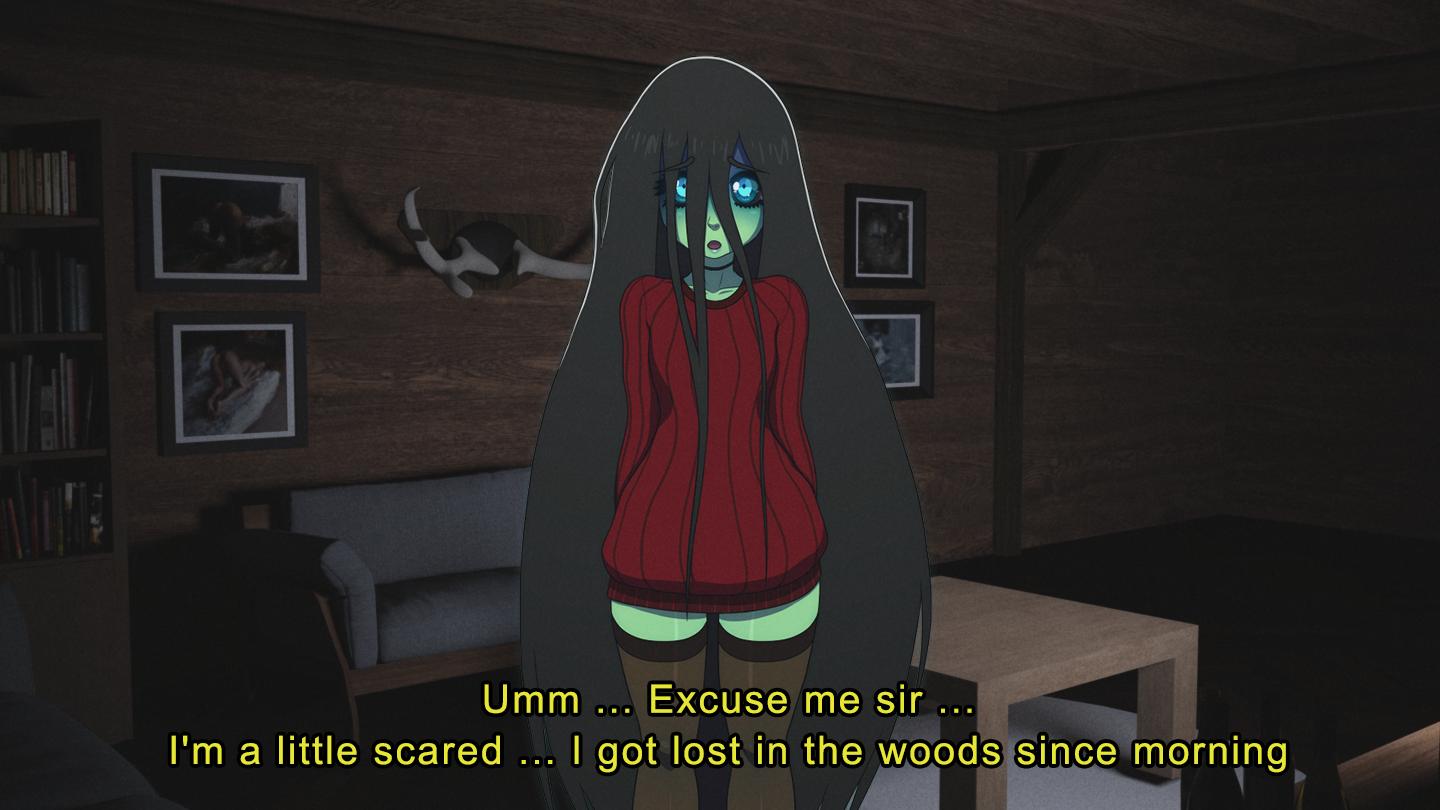 1girls, black hair, black sclera, blue eyes, book, bookshelf, choker, clothed, coffee table, couch, dark background, english text, erkerut, female, female only, ghost, green skin, hair between eyes, legs, long hair, looking at viewer, original character, red sweater, samara (erkerut), shy, solo, stockings, subtitled, sweater, table, talking to viewer, text, thighhighs, very long hair, visual novel, wet nightmares