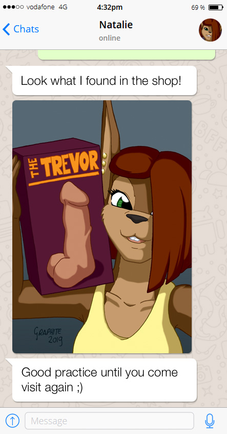 anthro black_nose breasts brown_fur brown_hair buckteeth clothed clothing dildo ear_piercing ear_ring english_text female fur graphite_(artist) green_eyes hair lagomorph leporid mammal natalie_(graphite) piercing rabbit sex_toy shirt solo tank_top teeth text