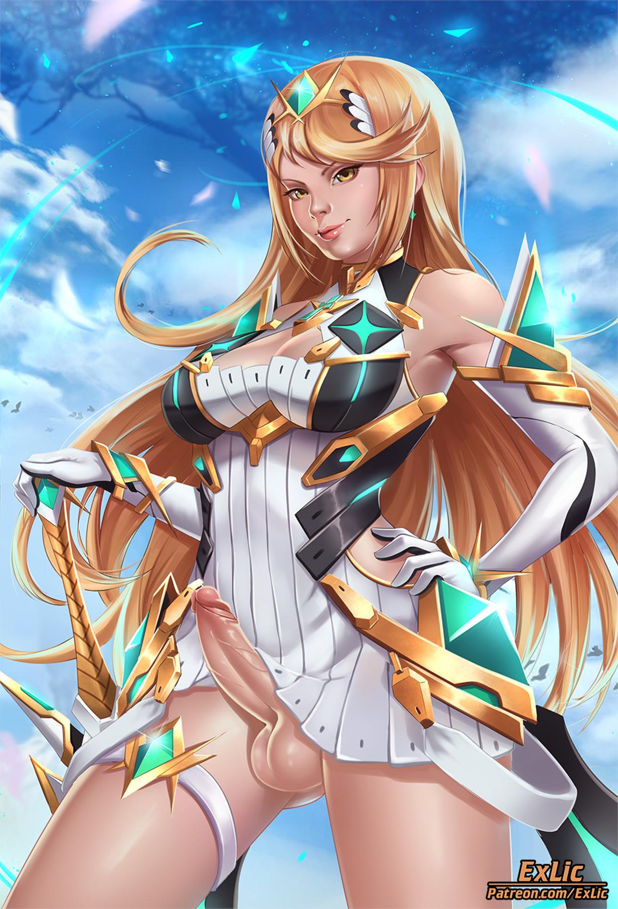 1futa, 2019, balls, breasts, cleavage, dickgirl, erection, exlic, futa only, futanari, intersex, looking at viewer, mythra, penis, solo, solo futa, testicles, xenoblade (series), xenoblade chronicles 2