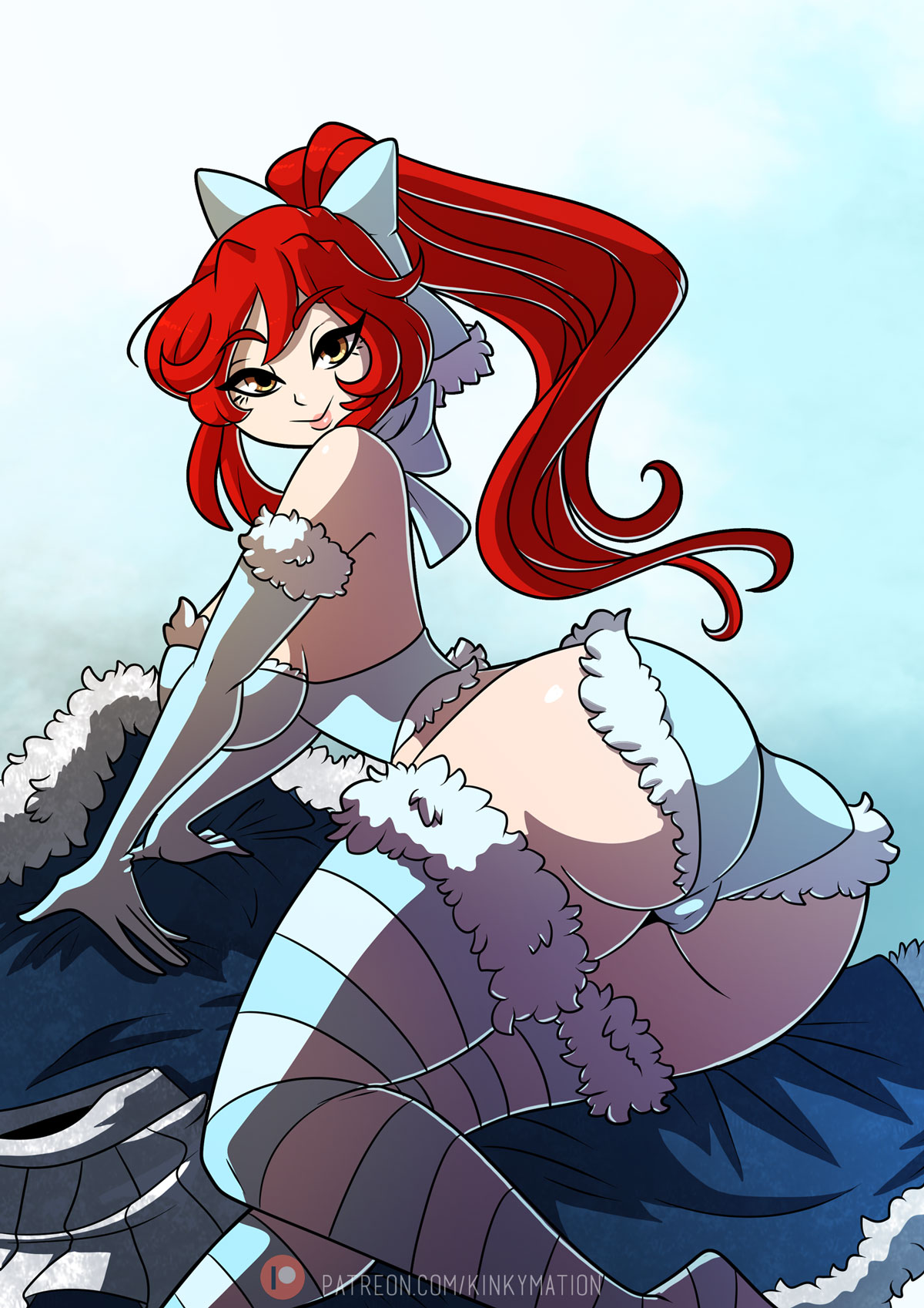 1girls, ass, big ass, clothing, curvy, female, female only, hair, kinkymation, long hair, red hair, seductive, solo, thighhighs, yellow eyes