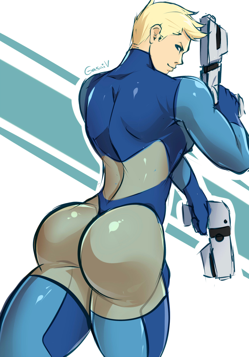 1boy, ass, blonde hair, blue eyes, bodysuit, gasaiv, genderswap, genderswap (ftm), gloves, gun, highres, huge ass, looking at viewer, looking back, male, male focus, metroid, muscles, nintendo, rule 63, samus aran, short hair, simple background, smile, solo, solo male, standing, weapon