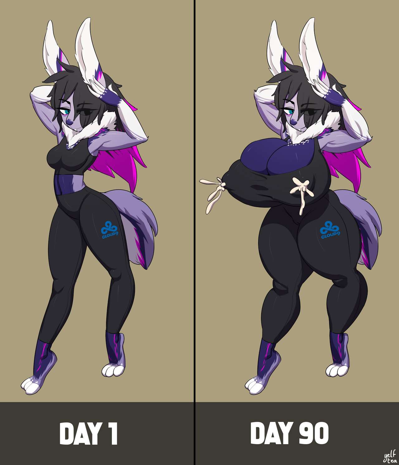 before and after, big breasts, bimbo, bimbofication, breasts, bunny, bunny ears, bunny girl, clothed, female, fitness, huge breasts, lactating, lactation, nipple bulge, nipples visible through clothing, small breasts, solo, solo female, thick thighs, thigh highs, thighhighs, tight clothing, tight fit, wide hips, yelftea