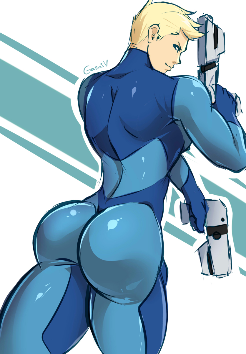 1boy, ass, blonde hair, blue bodysuit, blue eyes, bodysuit, clothed, clothed male, gasaiv, genderswap, genderswap (ftm), gloves, gun, highres, huge ass, looking at viewer, looking back, male, male focus, male only, metroid, muscles, nintendo, non-nude, rule 63, samus aran, short hair, simple background, smile, solo, standing, tight clothing, weapon