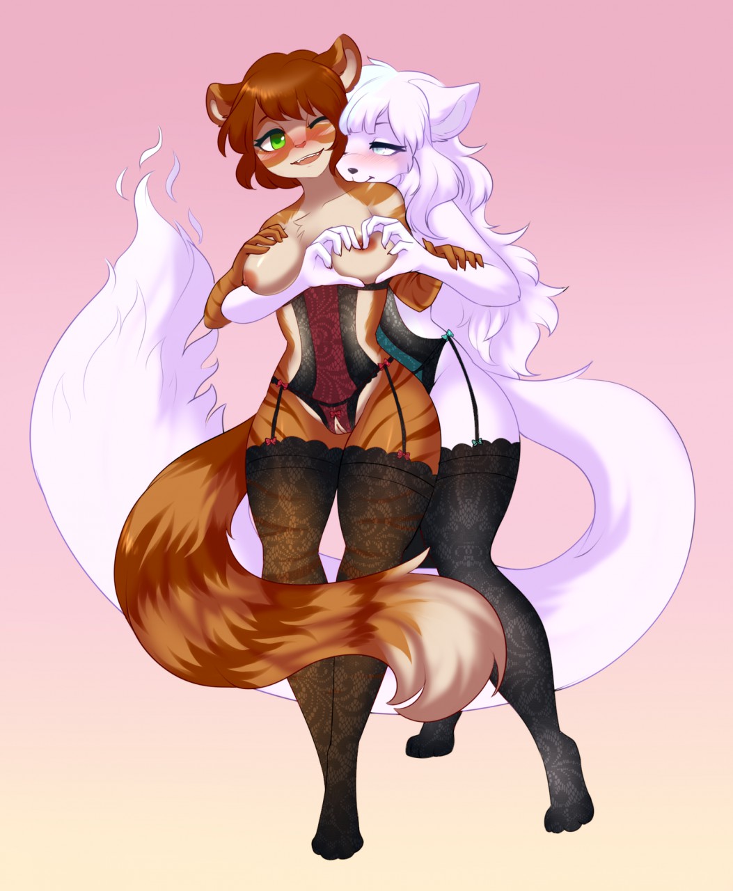 2girls anthro blush box-cat breasts cheek_tuft chest_tuft cupless dipstick_tail duo elbow_tufts felid feline female female_only fur furry garter_straps heart highres lingerie malina_(athiesh) mammal mimi_(lokanas) multicolored_tail nipples one_eye_closed pussy simple_background standing striped_fur stripes thick_thighs thigh_gap thighhighs tuft white_fur wide_hips yuri