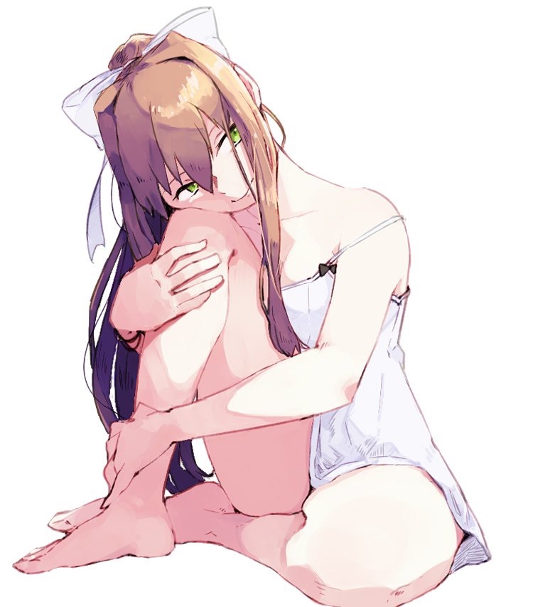1girls, barefoot, breasts, brown hair, doki doki literature club, dress, feet, female, green eyes, long hair, monika (doki doki literature club), ponytail, ribbon, sitting, smile, solo, thick thighs, underwear, white dress